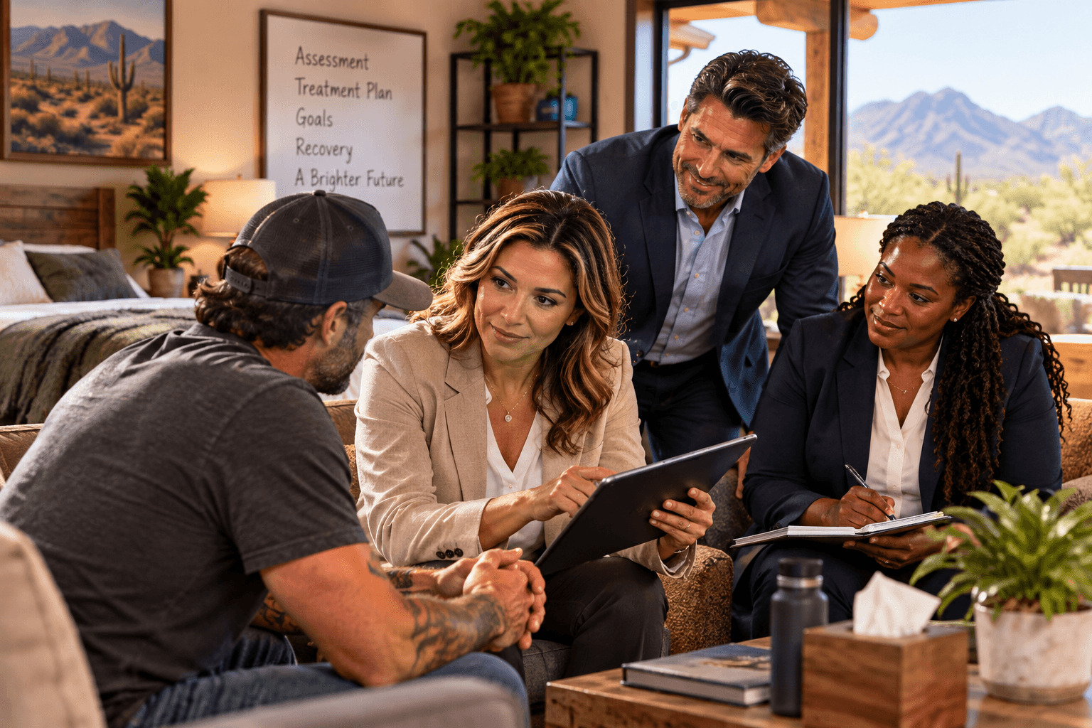 Healthcare professionals discuss a treatment plan with a man in a comfortable, desert-themed office.