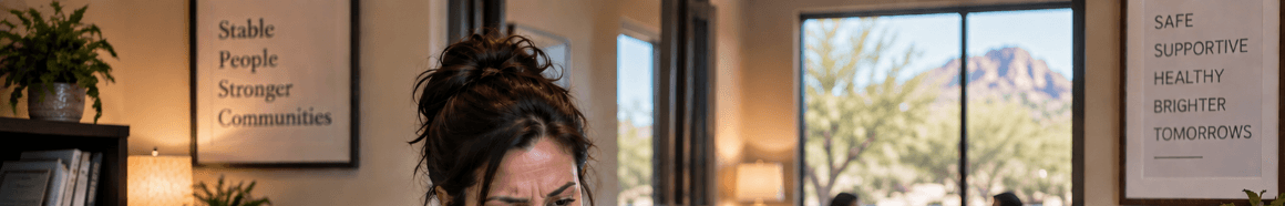 Woman in office with inspirational wall art and a scenic mountain view through a window.